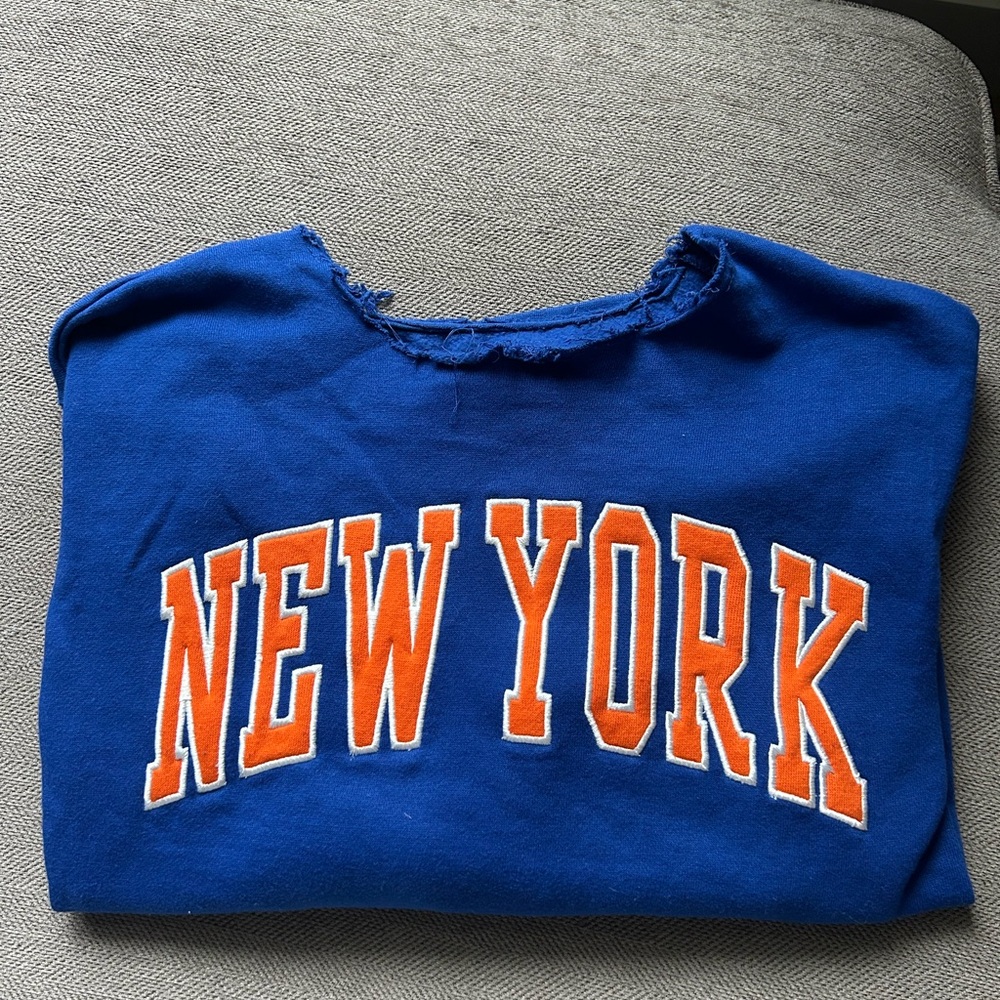 Blue New York Nicks Frayed Crewneck